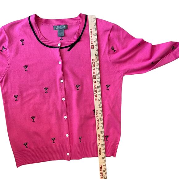 SML Design Cardigan Size Large Pink Martini Emblem Silk Blend Crop Black Ribbon - Picture 7 of 9